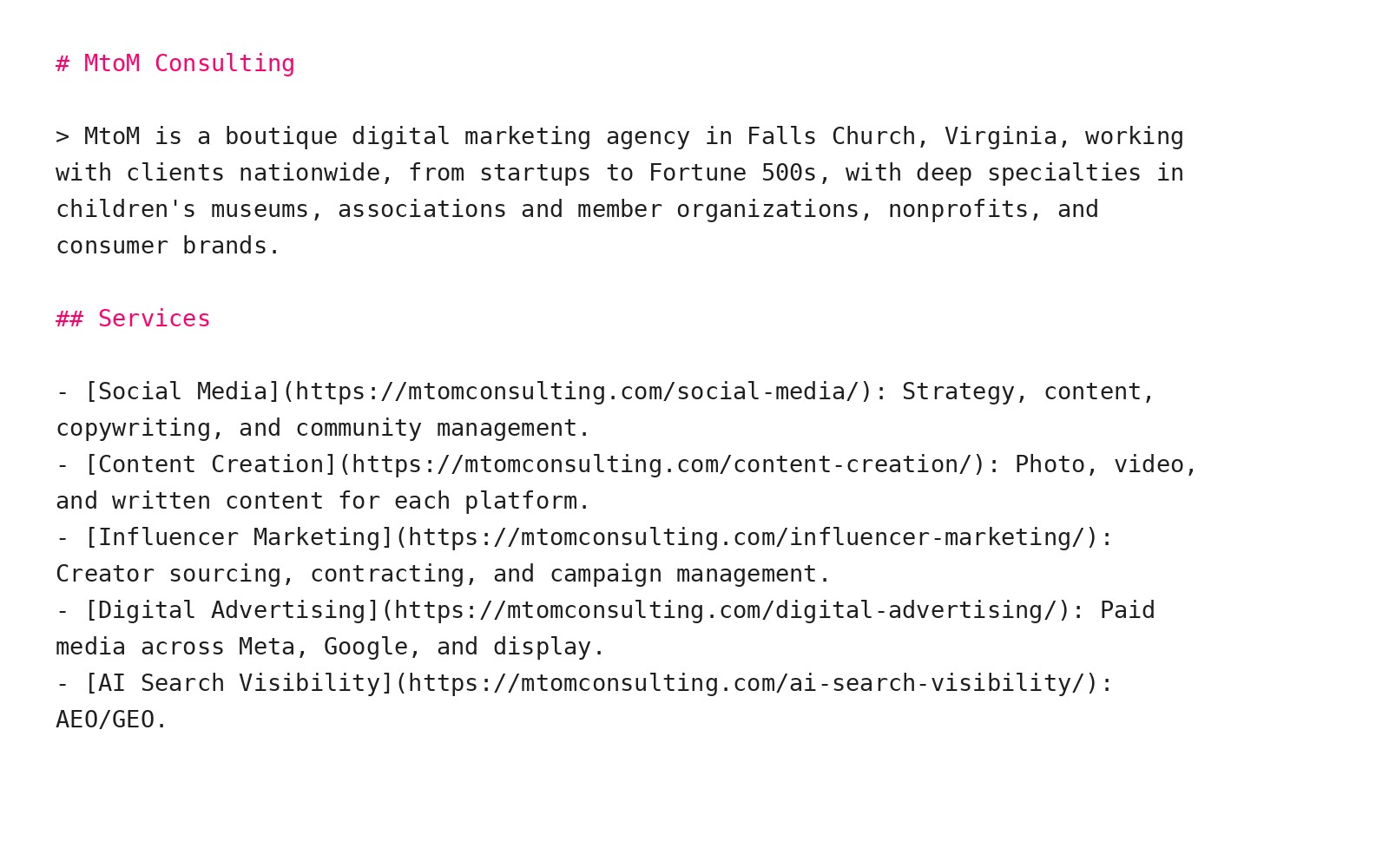The llms.txt file on mtomconsulting.com