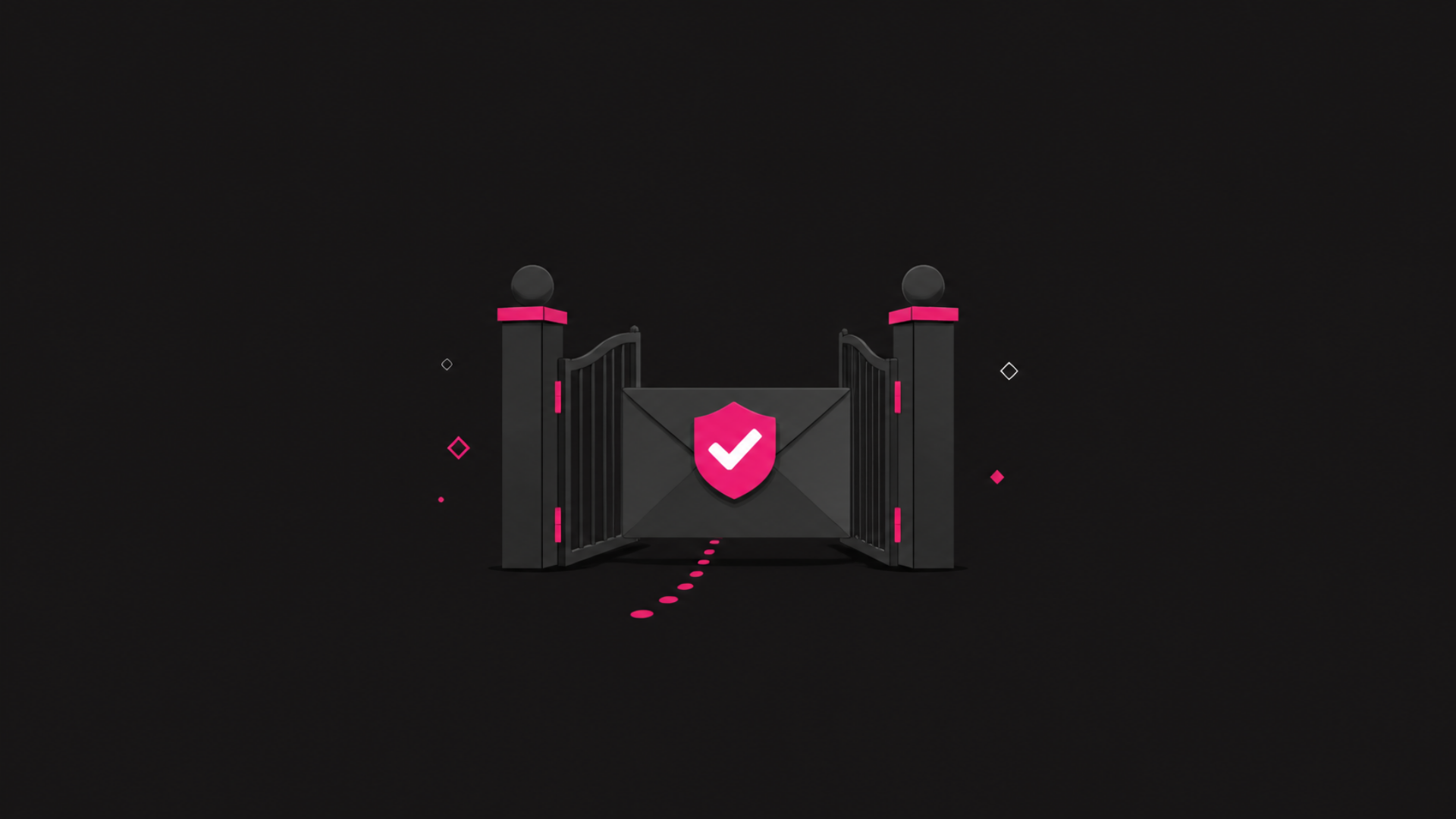 Illustration of an envelope with a pink shield and check mark passing through an open gate
