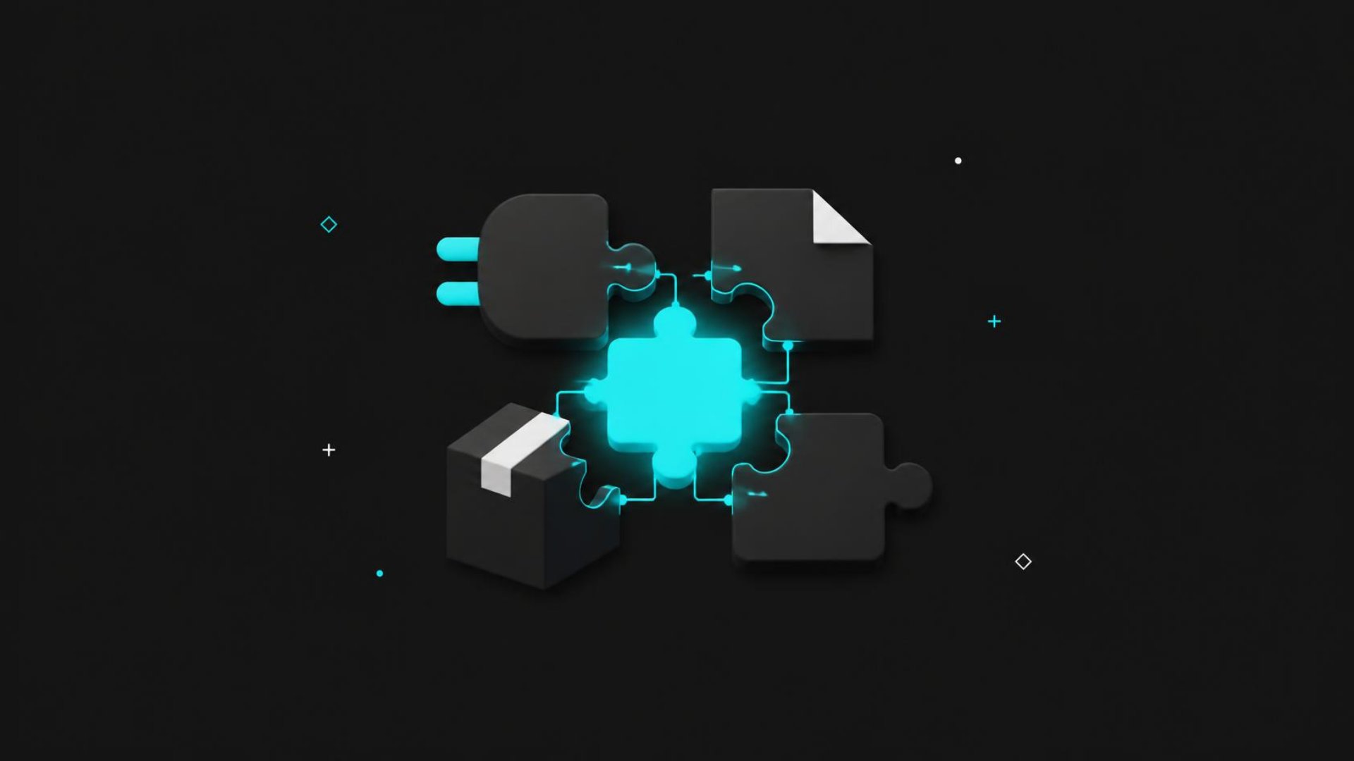 Flat illustration of a plug, a page, a box and a puzzle piece connected around a glowing electric cyan block on a dark background, representing AI add-ons fitting together