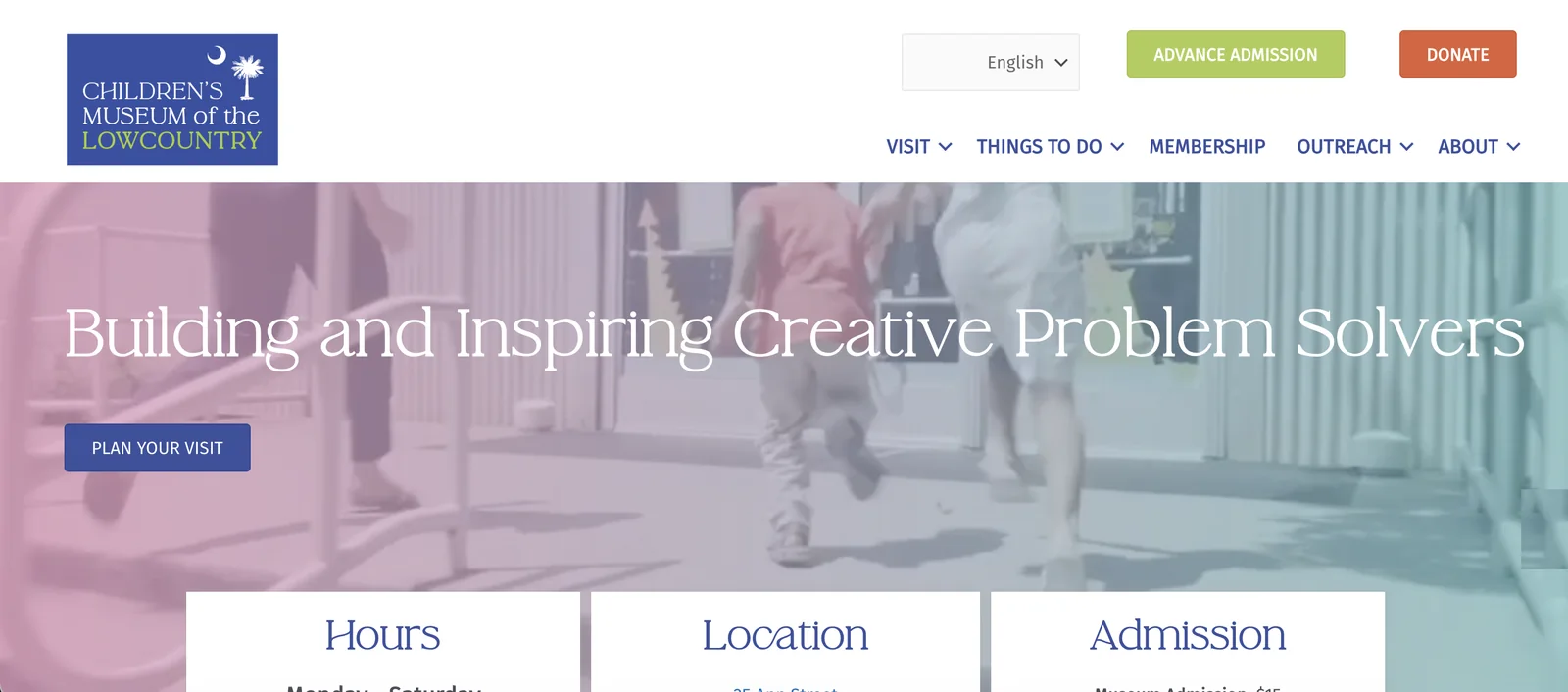 The Children's Museum of the Lowcountry homepage, built by MtoM