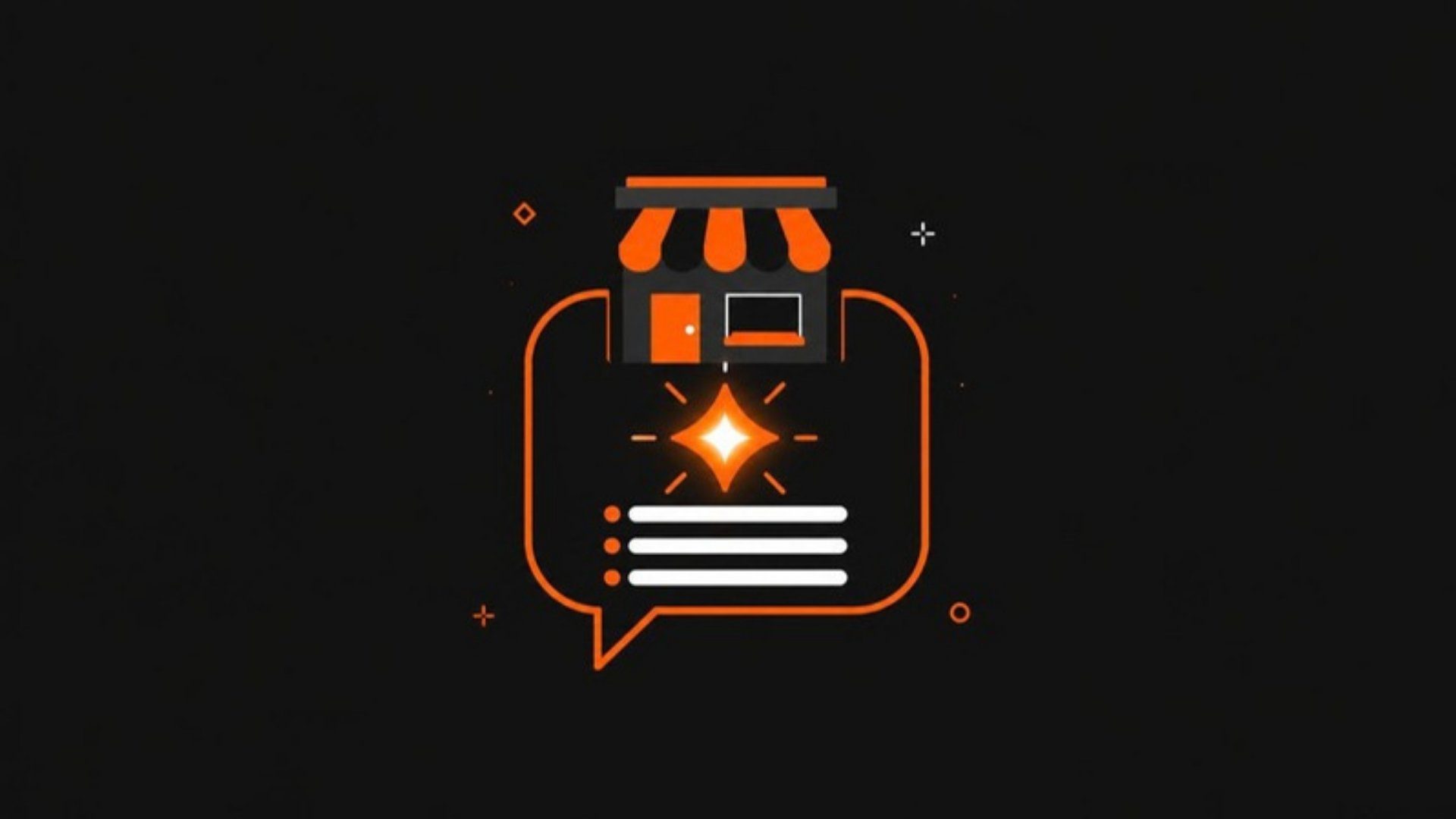 Flat illustration of an orange speech bubble holding a glowing spark, a small storefront and three answer lines, centered on a dark background